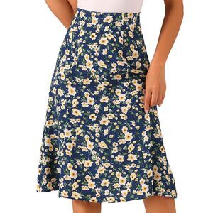 Floral Peasant Elastic Waist A-Line Leave Print Midi Skirt Dark Blue